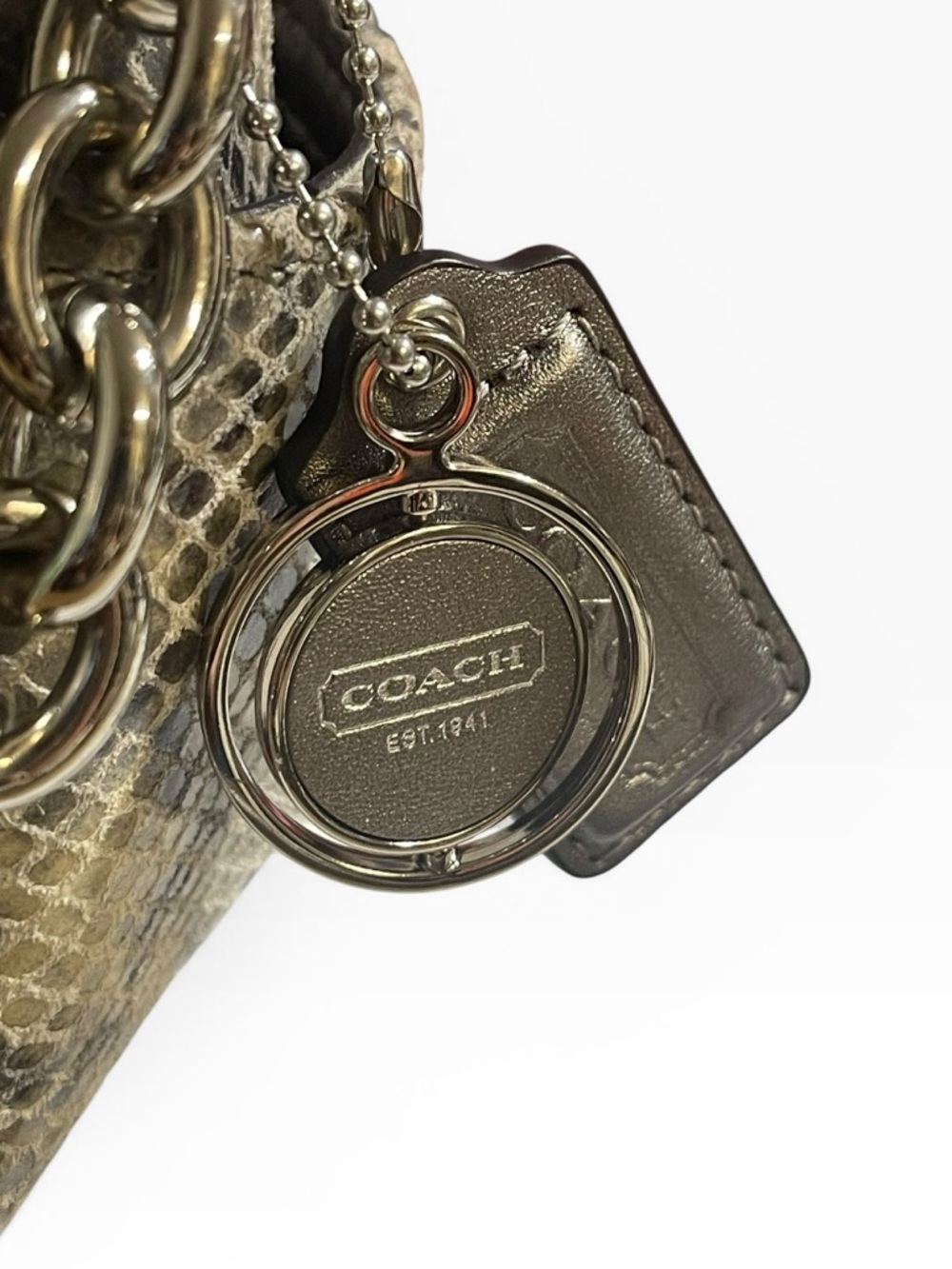 Coach Snakeskin Embossed Leather Shoulder Bag Chain Strap Y2K Mini Flap Grey - Picture 8 of 16